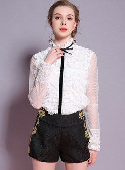 White Lace Splicing Mesh Stand Collar Blouse