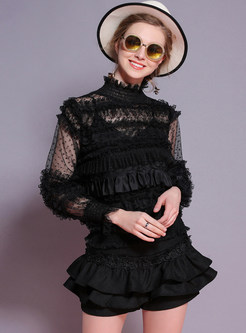 Black See Through Splicing Blouse With Tanks
