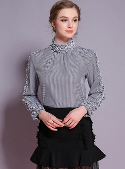 Striped Nail Bead Stand Collar Blouse
