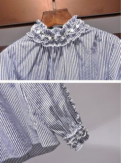Striped Nail Bead Stand Collar Blouse