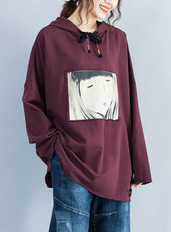 Wine Red Cotton Fashion Loose Hoodie
