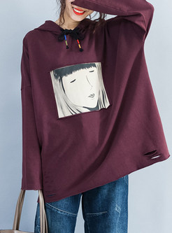 Wine Red Cotton Fashion Loose Hoodie