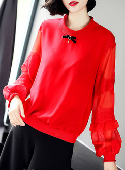 Red Lace Splicing Lantern Sleeve Blouse