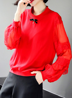 Red Lace Splicing Lantern Sleeve Blouse