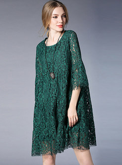 Green Casual Lace Hollow Out Shift Dress