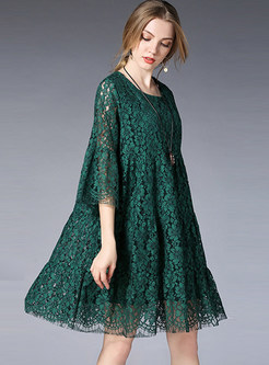 Green Casual Lace Hollow Out Shift Dress