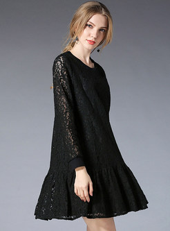 Black Splicing Lace Hollow Out Shift Dress