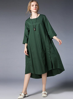 Green Slit Cotton Loose Shift Dress