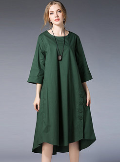 Green Slit Cotton Loose Shift Dress