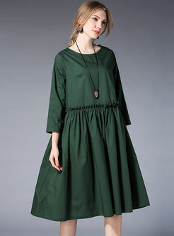 Green Stitching Wrinkle O-neck Shift Dress