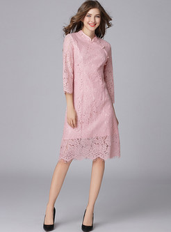 Pink Lace Stand Collar Cheongsam Dress