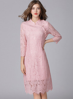 Pink Lace Stand Collar Cheongsam Dress