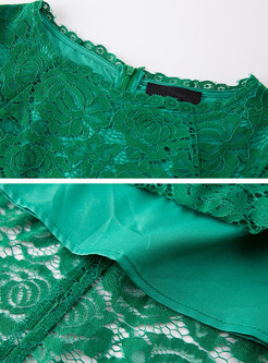 Green Lace Three Quarters Sleeve Skater Dress