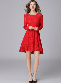 Red Lace Asymmetric Hem Skater Dress With Underskirt