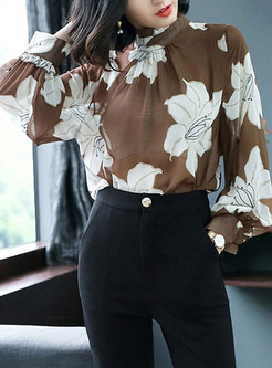 Coffee Flower Print Stand Collar Blouse