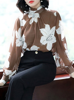 Coffee Flower Print Stand Collar Blouse