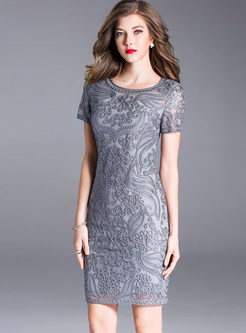 Grey Vintage Embroidered Bodycon Dress
