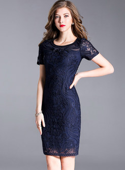 Navy Blue Lace Hollow Out Bodycon Dress