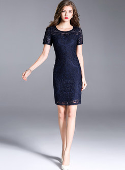 Navy Blue Lace Hollow Out Bodycon Dress