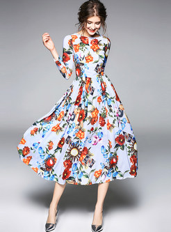 Floral Print Gathered Waist Chiffon Maxi Dress