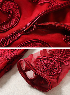 Red Embroidery Perspective Sheath Dress