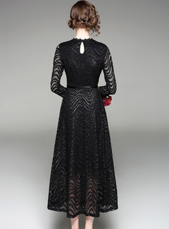 Black Lace Hollow Big Hem Maxi Dress