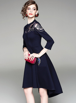 Blue Perspective Embroidery Asymmetric A-line Dress