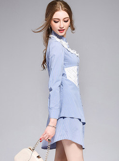Blue Striped Patchwork Splicing Shirt Dress