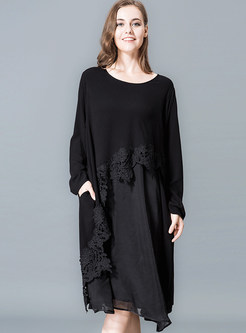 Black Asymmetric Splicing Lace Shift Dress