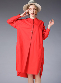 Red Loose Slit Shift Shirt Dress