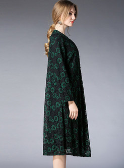 Green Flower Print Lace Shift Dress