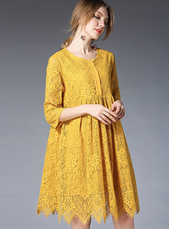 Yellow Lace Hollow Out Shift Dress