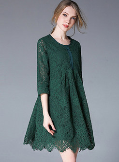 Green Lace Three Quarters Sleeve Shift Dress