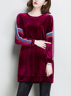 Wine Red Velvet O-neck Striped Sweatshirt