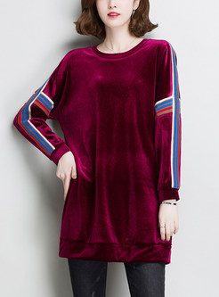 Wine Red Velvet O-neck Striped Sweatshirt
