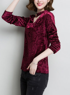 Wine Red Hollow Out V-neck Sweatshirt