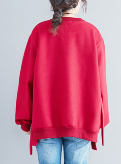 Red Slit Loose Stylish Sweatshirt