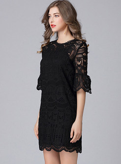 Black Hollow Out Flare Sleeve Shift Dress With Underskirt