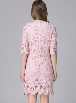 Pink Half Sleeve Lace Shift Dress