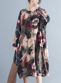 Ethnic Flower Print O-neck Shift Dress