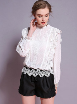 Hollow Out Falbala Stand Collar Blouse