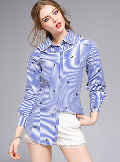 Blue Striped Embroidered Lapel Blouse