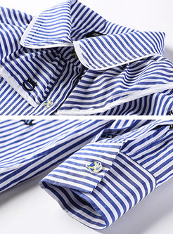 Blue Striped Embroidered Lapel Blouse