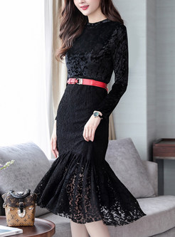Black Pleuche Splicing Lace Bodycon Mermaid Dress