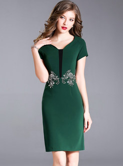 Green Embroidered Short Sleeve Bodycon Dress