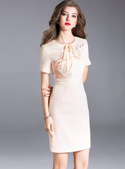 Apricot Short Sleeve Embroidered Bodycon Dress