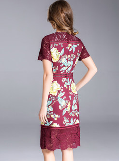 Wine Red Embroidered Splicing Bodycon Dress