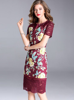 Wine Red Embroidered Splicing Bodycon Dress