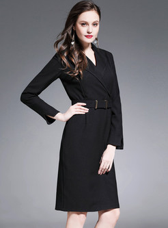 Black Notched Neck Belted Bodycon Dress
