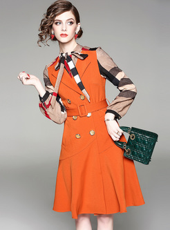 Chic Tied-collar Color-blocked A-line Dress